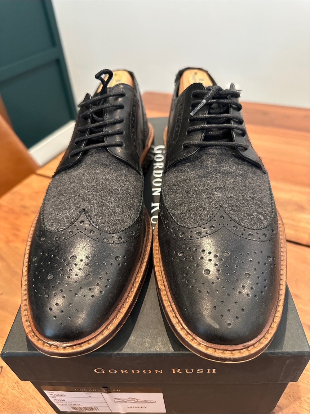 Gordon Rush Black Leather & Gray Wool Wingtip Oxfords